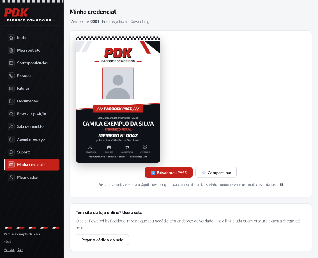 Tela do painel: Sua credencial PADDOCK PASS