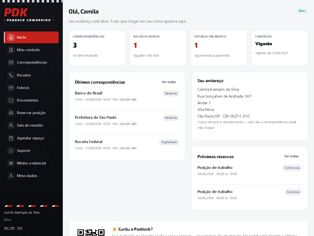 Tela do painel: Sua central, logo ao entrar